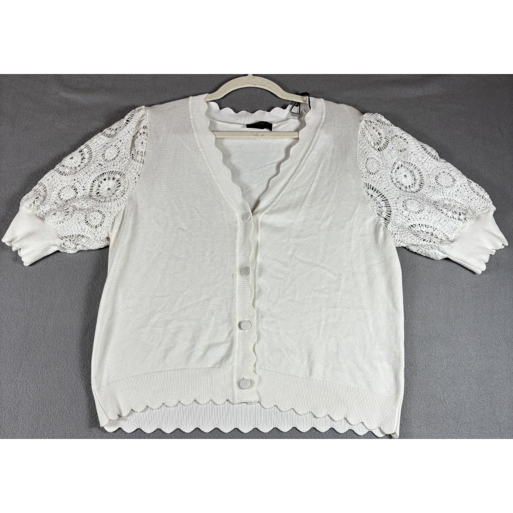 NWT Tahari Womens Cardigan Sweater White Crochet Short Sleeve Scalloped Hem L